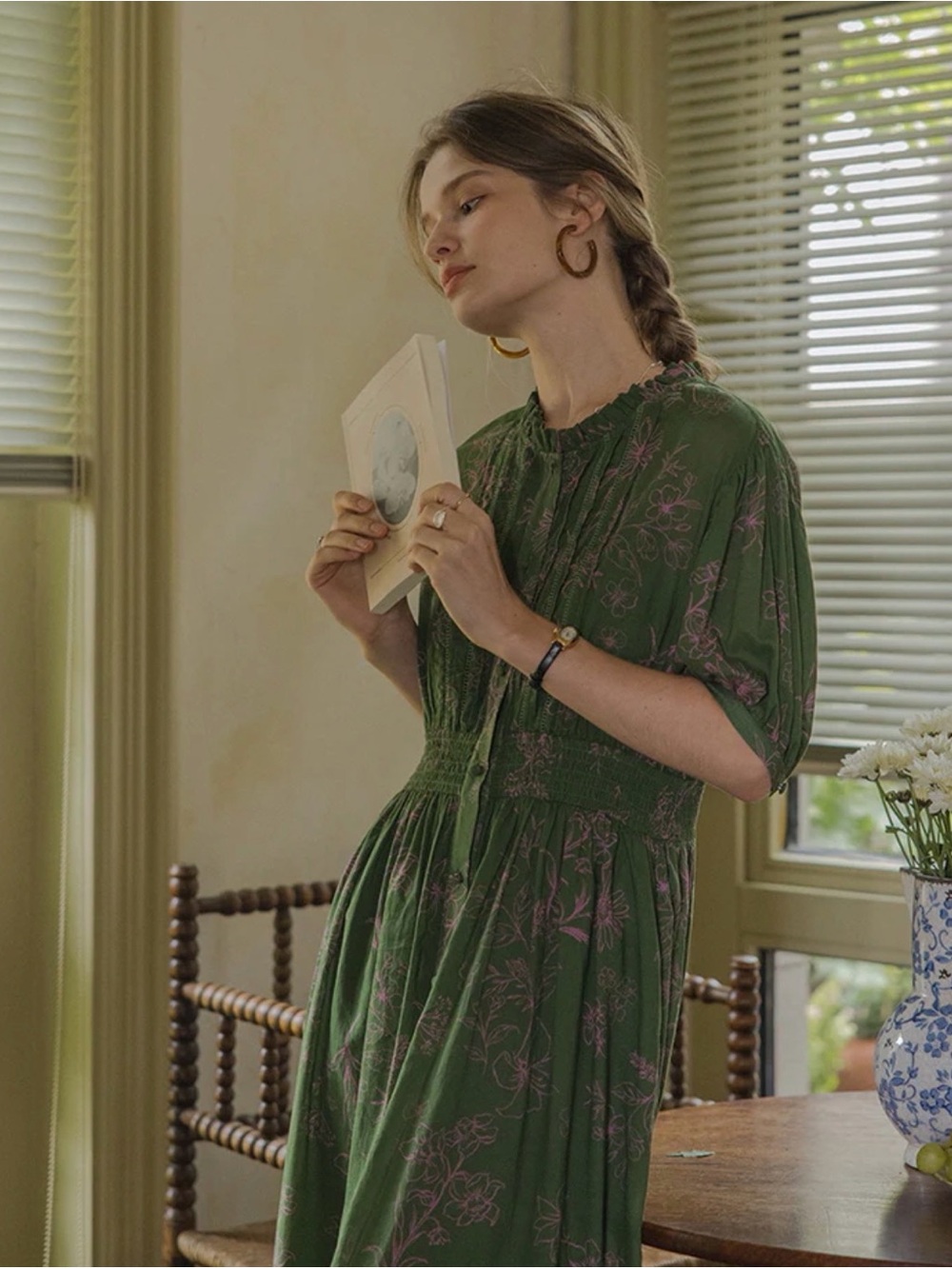 Green Floral Button-Front CottageCore Midi Dress with Smocked Waist. New W Tags - Picture 11 of 16